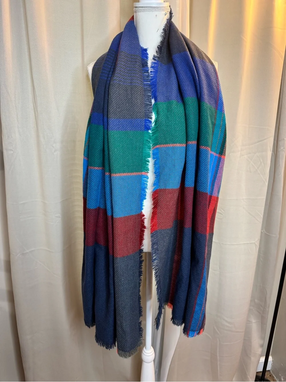Merona Oversized Plaid Blanket Scarf Wrap Blue Red Green 78x30
